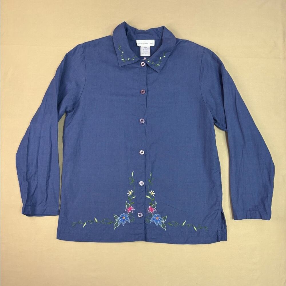Susan Graver Vintage Blue Embroidered Button Down Women's Shirt Size Small